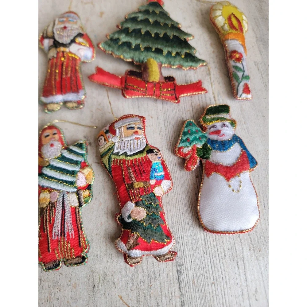 Vintage embroidered Santa Claus tree candle ornament Snowman Xmas set